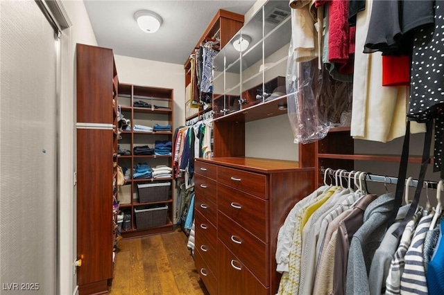walk in closet featuring dark wood-style flooring