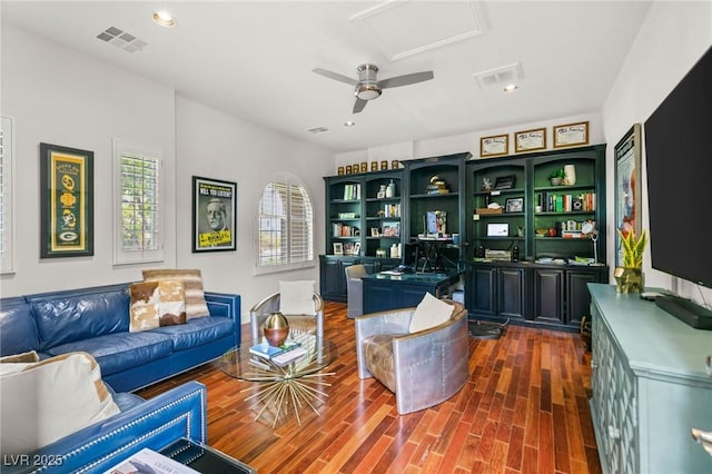 office with recessed lighting, attic access, dark wood finished floors, and visible vents