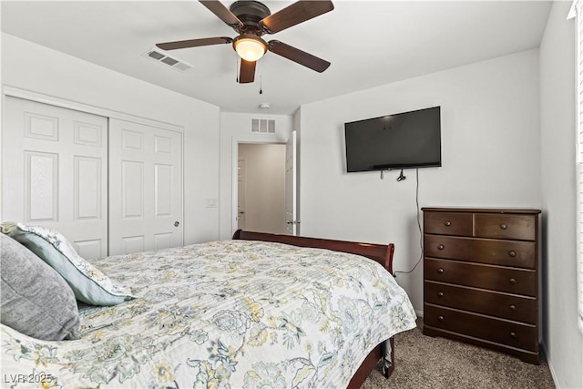 bedroom featuring carpet, a closet, and ceiling fan