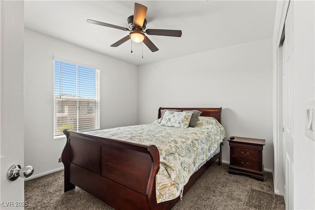 bedroom featuring carpet floors, baseboards, and a ceiling fan