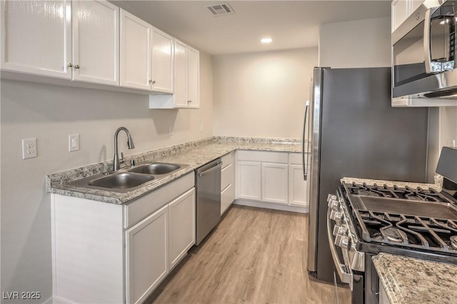 kitchen featuring a sink, light wood-style floors, stainless steel appliances, white cabinetry, and visible vents