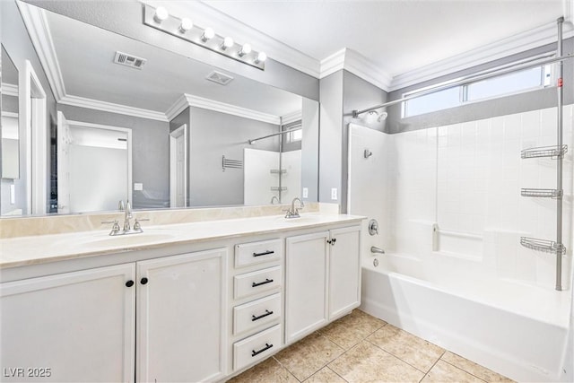 full bathroom featuring a sink, tile patterned flooring, double vanity, visible vents, and ornamental molding