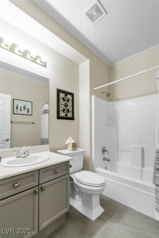 bathroom with visible vents, shower / bath combo, tile patterned floors, vanity, and toilet