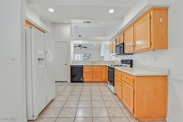 880 Autumn Canyon Way, Henderson, NV 89002 - kitchen with a ceiling fan, a sink, light countertops, light tile patterned floors, and black appliances