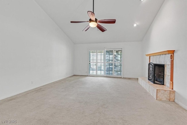 880 Autumn Canyon Way, Henderson, NV 89002 - unfurnished living room with carpet floors, high vaulted ceiling, ceiling fan, and a fireplace