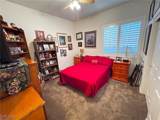 bedroom with a closet, carpet, and ceiling fan