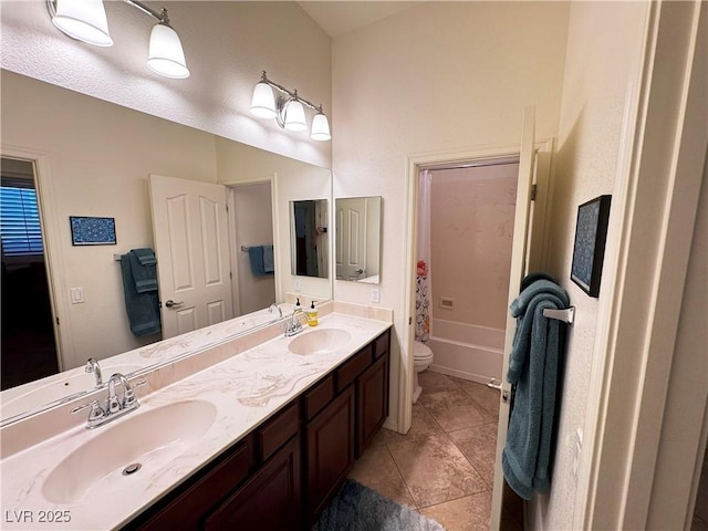 6134 Burleson Ranch Rd, Las Vegas, NV 89131 - full bathroom with toilet, double vanity, tile patterned flooring, and shower / bath combo with shower curtain