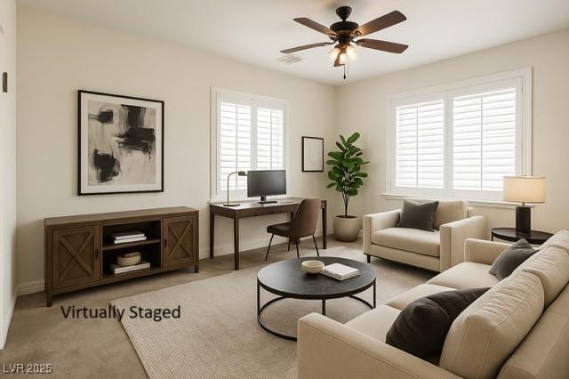 6134 Burleson Ranch Rd, Las Vegas, NV 89131 - living room with a ceiling fan, carpet, an office area, and baseboards