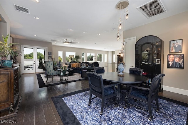 dining area with visible vents, recessed lighting, baseboards, and dark wood-type flooring