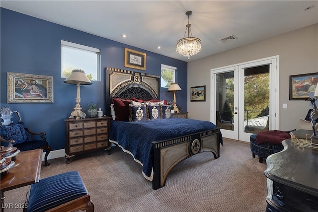 carpeted bedroom with access to outside, a notable chandelier, french doors, recessed lighting, and visible vents
