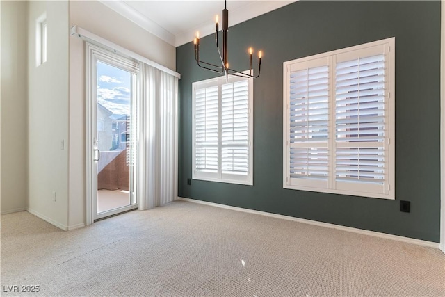 unfurnished dining area featuring carpet floors, a chandelier, and a healthy amount of sunlight