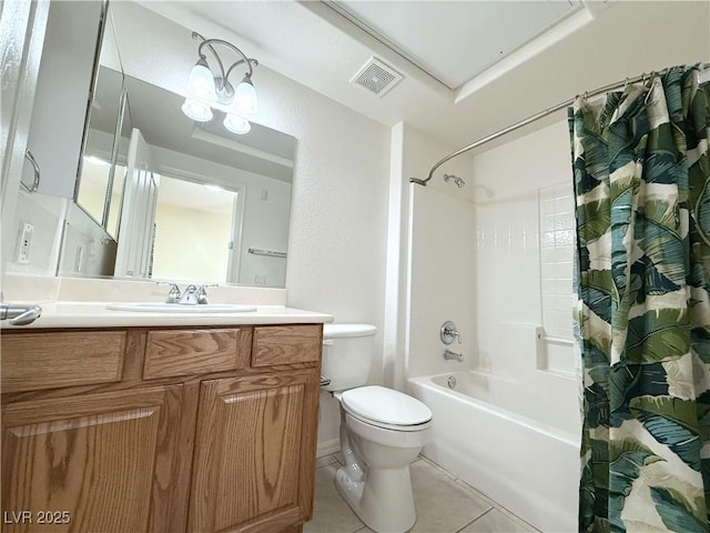 bathroom featuring visible vents, tile patterned flooring, vanity, toilet, and shower / tub combo with curtain