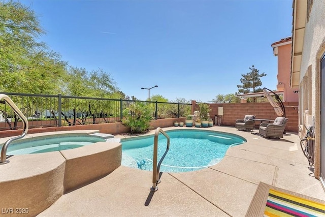 view of pool with a patio, a fenced backyard, an in ground hot tub, and a fenced in pool