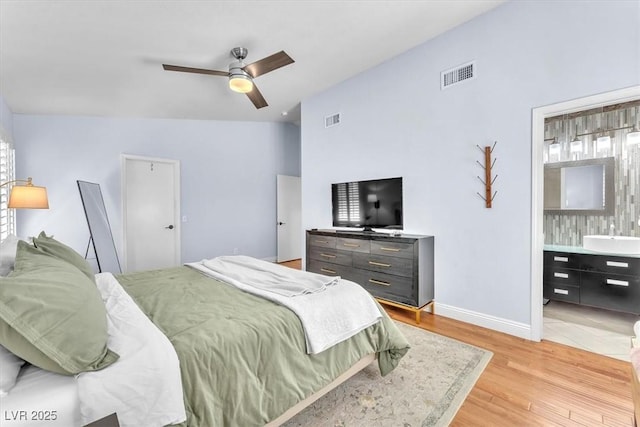 bedroom with a sink, ceiling fan, light wood-style flooring, and visible vents