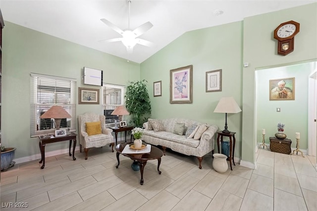 2725 Byron Dr, Las Vegas, NV 89134 - living area with vaulted ceiling, ceiling fan, and baseboards