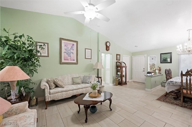 2725 Byron Dr, Las Vegas, NV 89134 - living room featuring a chandelier, a ceiling fan, high vaulted ceiling, and baseboards