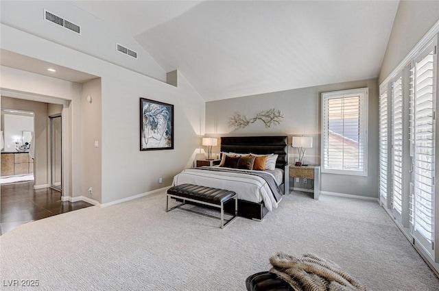 carpeted bedroom featuring visible vents, baseboards, vaulted ceiling, and multiple windows