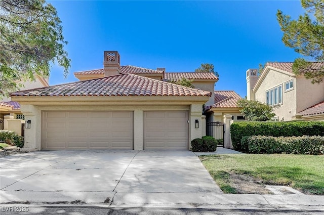 mediterranean / spanish-style home featuring a garage, stucco siding, concrete driveway, and a tiled roof