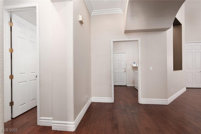 7736 Villa Andrade Ave, Las Vegas, NV 89131 - hallway featuring crown molding, dark wood-style floors, and baseboards