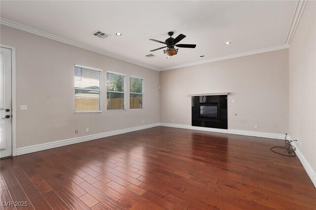 7736 Villa Andrade Ave, Las Vegas, NV 89131 - unfurnished living room featuring wood finished floors, crown molding, ceiling fan, baseboards, and recessed lighting