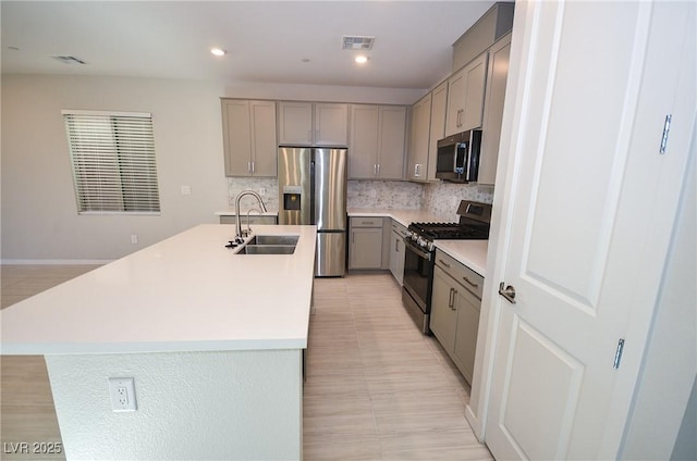 kitchen featuring visible vents, gray cabinets, tasteful backsplash, a sink, and appliances with stainless steel finishes