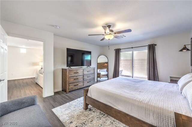 bedroom with access to outside, ceiling fan, baseboards, wood finished floors, and visible vents