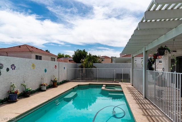 3008 Blue Fin Cir, Las Vegas, NV 89128 - view of swimming pool with a fenced backyard, a pool with connected hot tub, and a patio