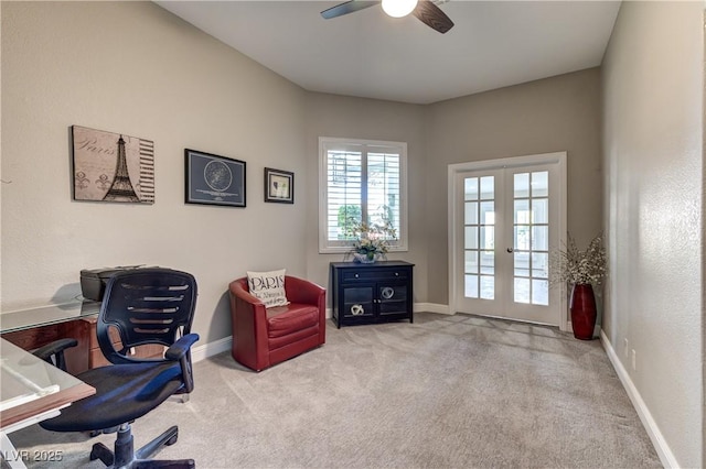 living area with french doors, baseboards, ceiling fan, and carpet floors