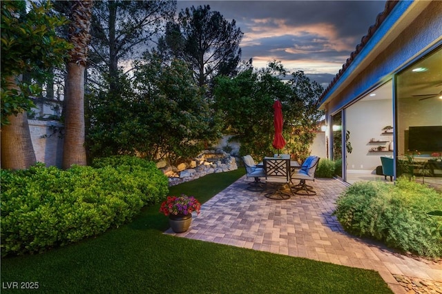 view of yard with a patio and outdoor dining area