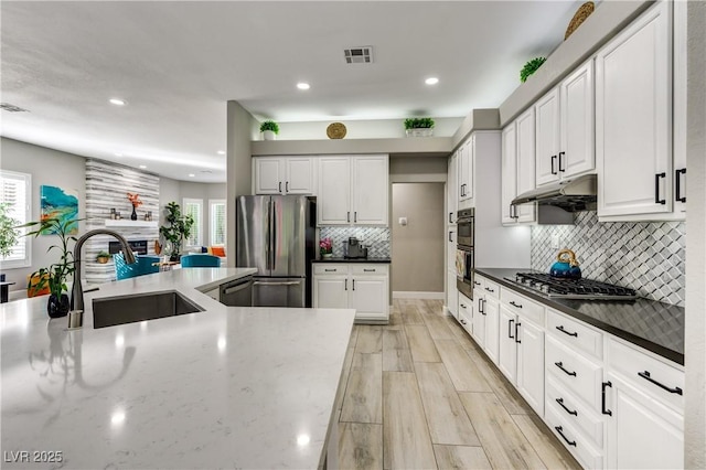 kitchen with visible vents, plenty of natural light, under cabinet range hood, a sink, and stainless steel appliances