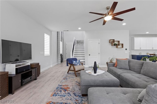 3268 Grayson Lake Ct, Las Vegas, NV 89129 - living area with stairs, baseboards, ceiling fan, recessed lighting, and light wood-style flooring