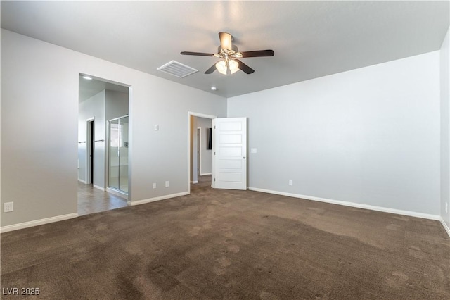 unfurnished bedroom featuring baseboards, ceiling fan, carpet flooring, and visible vents