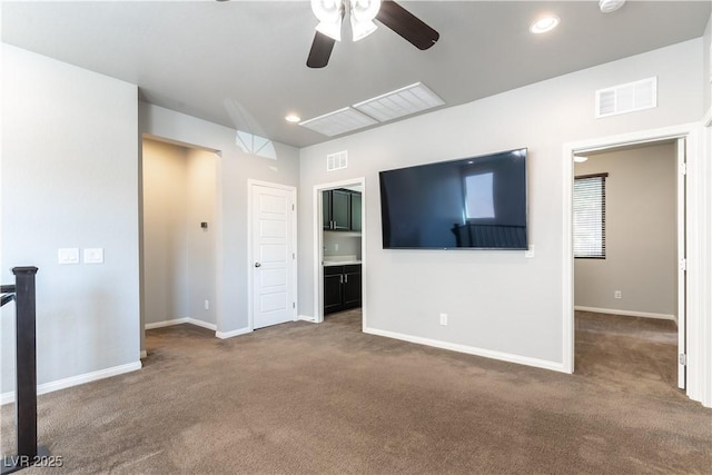 unfurnished living room featuring a ceiling fan, baseboards, visible vents, and carpet