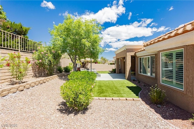 view of yard with a fenced backyard and a patio area