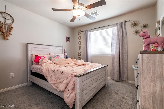 bedroom with baseboards, visible vents, light carpet, and ceiling fan