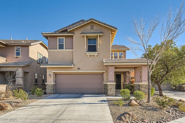 traditional home featuring a porch, concrete driveway, an attached garage, stone siding, and stucco siding