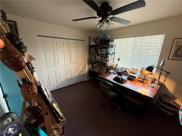 1409 Mill St, Ely, NV 89301 - home office with dark carpet and ceiling fan