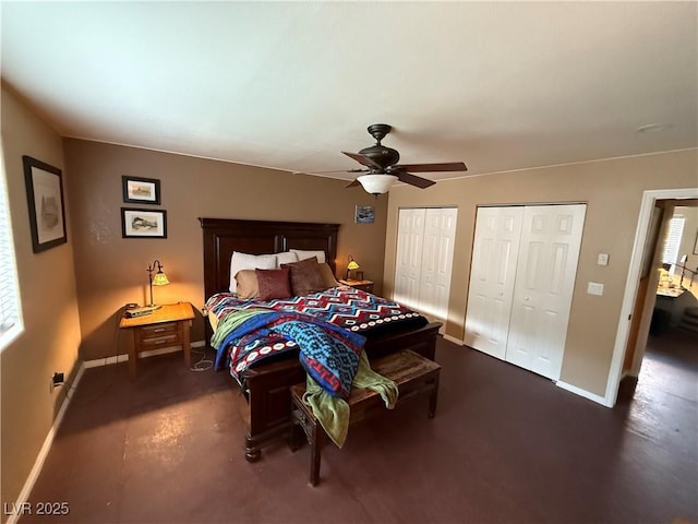 1409 Mill St, Ely, NV 89301 - bedroom featuring baseboards, multiple closets, and ceiling fan