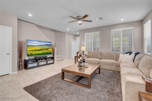 946 Belton Lake Ave, North Las Vegas, NV 89086 - living room with recessed lighting, a ceiling fan, light tile patterned floors, and visible vents