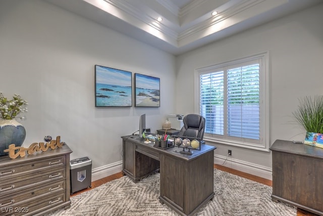 home office with baseboards, ornamental molding, wood finished floors, and recessed lighting