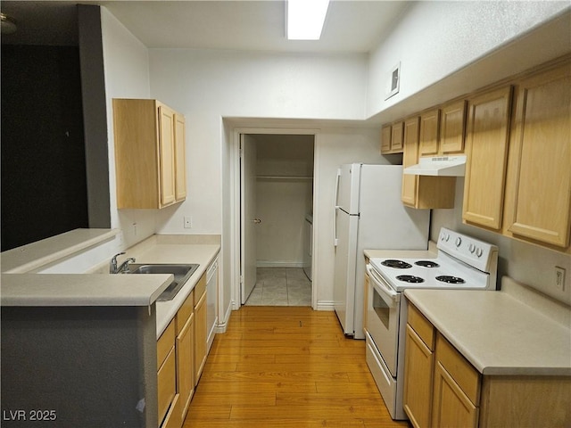 2615 W Gary Ave Unit 1085, Las Vegas, NV 89123 - kitchen with white electric stove, under cabinet range hood, light wood-style flooring, light countertops, and a peninsula