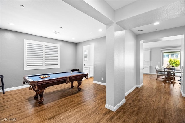 rec room featuring wood finished floors, baseboards, billiards, and recessed lighting