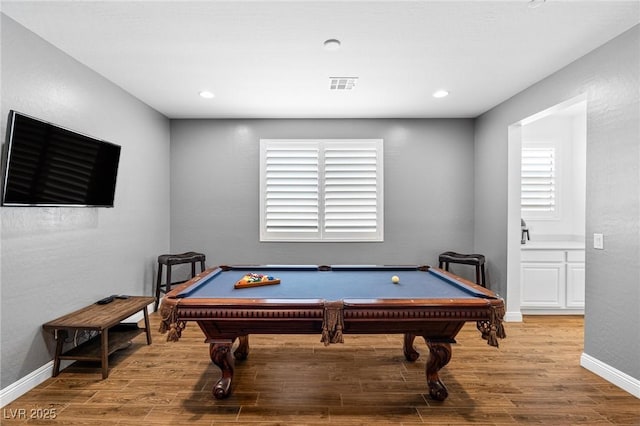 game room featuring wood finished floors, billiards table, baseboards, and recessed lighting