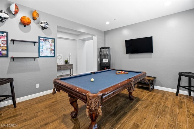 playroom featuring baseboards, wood finished floors, billiards, and recessed lighting