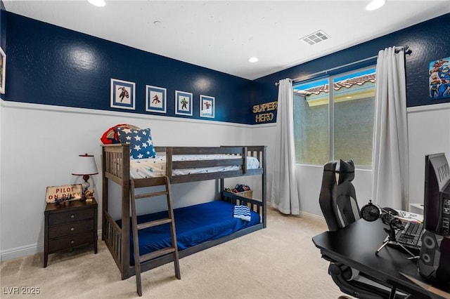 carpeted bedroom with a desk, recessed lighting, and baseboards