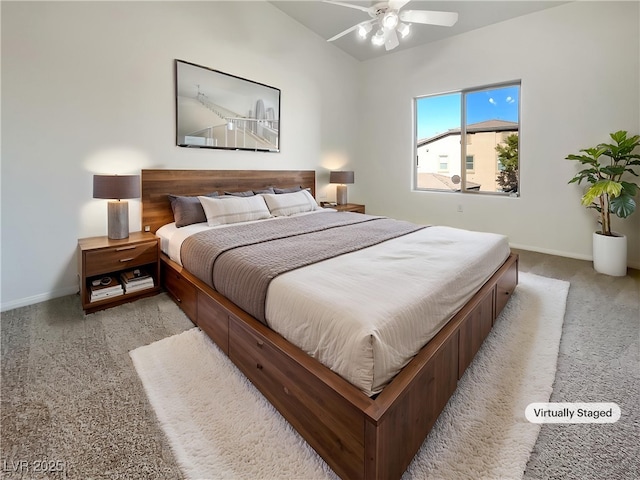 bedroom with a ceiling fan, baseboards, vaulted ceiling, and light carpet