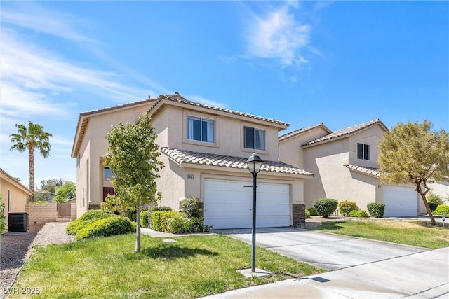 view of front of home with cooling unit, stucco siding, an attached garage, driveway, and a tile roof
