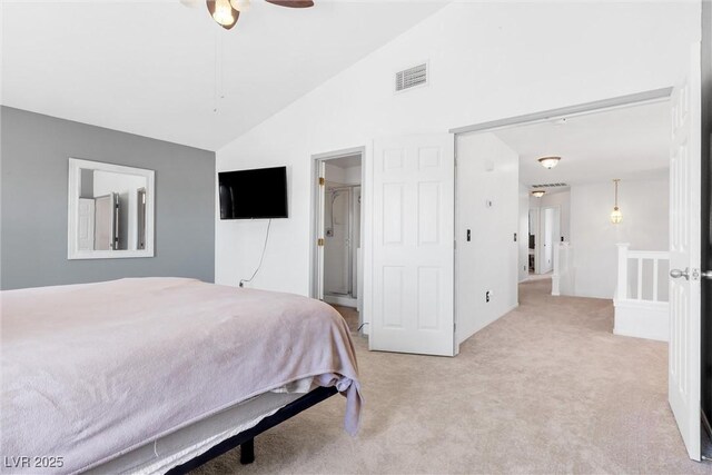 bedroom featuring high vaulted ceiling, visible vents, ceiling fan, and light colored carpet
