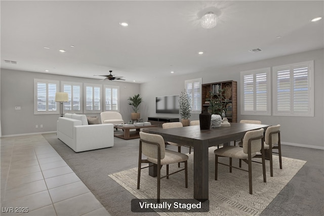 tiled dining area with recessed lighting, baseboards, and visible vents