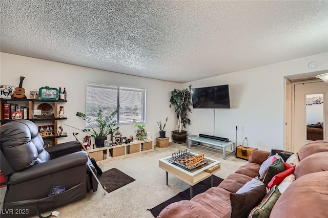 living area featuring a textured ceiling and carpet